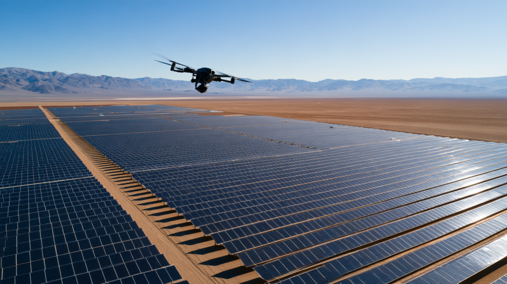 Drone inspecting solar panel rows at a Nevada solar farm