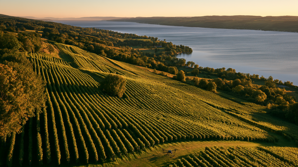 Mapping drone over vineyard rows near a New York lake