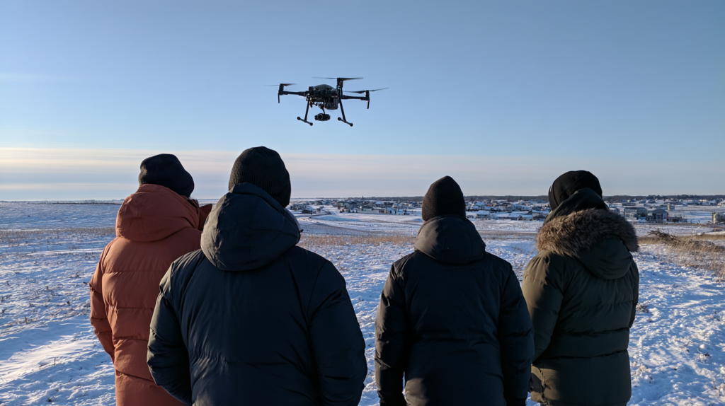 Drone trainees watching a flight over a snowy field in New York