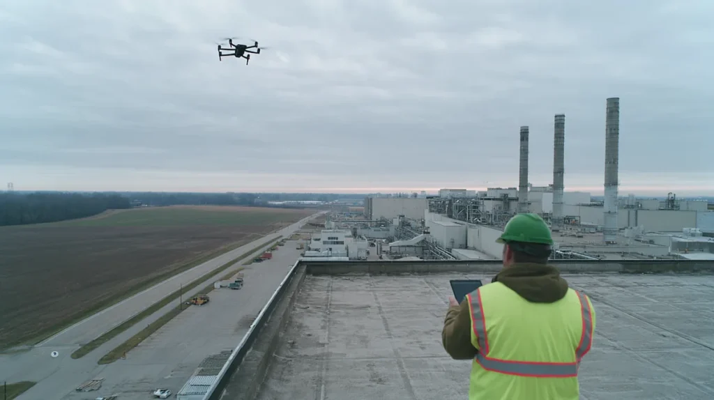 Operator in a hi-vis vest inspecting the roof of a manufacturing plant with a drone near Toledo, Ohio