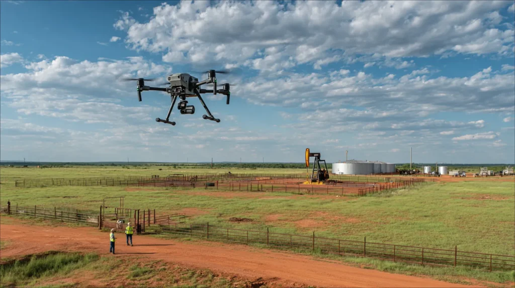 Inspection drone flying over an oil well pad on private ranch land in central Oklahoma