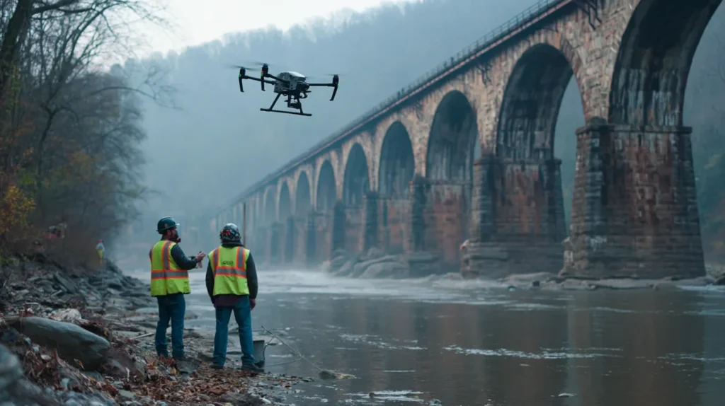 Engineers using an inspection drone beside a stone arch railroad bridge over the Susquehanna River in Pennsylvania