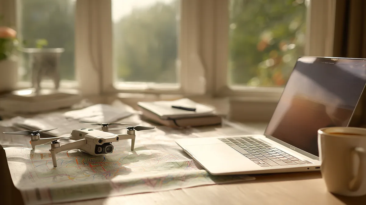 Part 107 study desk with a laptop, an FAA sectional chart, a notebook and a DJI Mini 4 Pro by a sunlit window