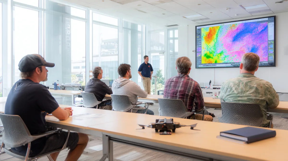 Part 107 students in a training room reviewing an aviation weather radar map on a large screen, with a DJI Mini 4 Pro drone on the table