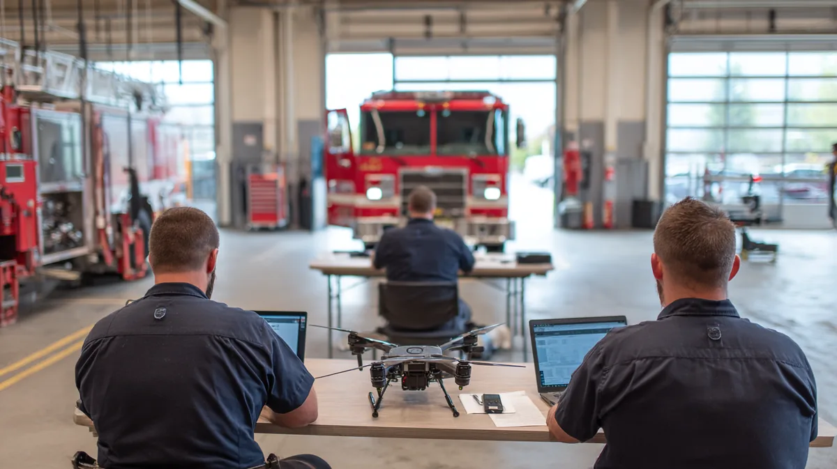 Public safety drone team seen from behind at tables in a fire station apparatus bay working on laptops, with a DJI Matrice 350 RTK drone on the table