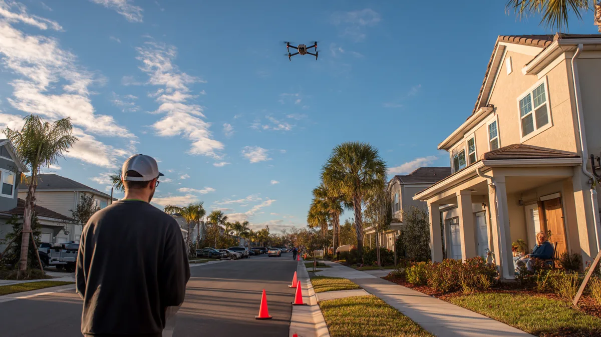 Real estate drone pilot flying a DJI Air 3S above a suburban Florida home while a neighbor stays on a covered porch and cones mark the launch area