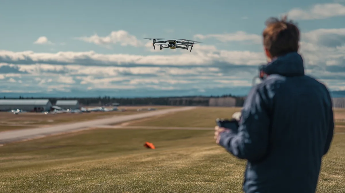 Remote pilot seen from behind at the edge of a grass field flying a DJI Air 3S drone, with a small regional airport runway and hangars in the distance