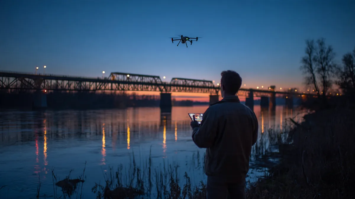 Remote pilot seen from behind on a grassy riverbank at dusk watching a DJI Matrice 4T drone with a lit anti-collision strobe hover near a lit steel truss bridge