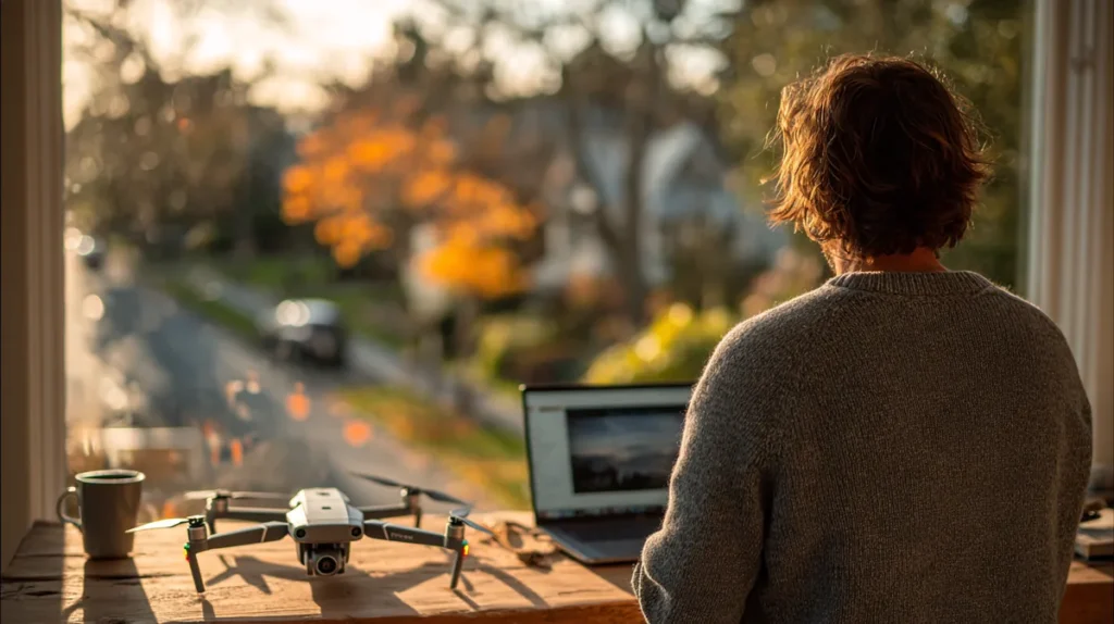 Remote pilot seen from behind at a home office desk completing online Part 107 recurrent training on a laptop, with a DJI Mini 4 Pro drone and controller beside the keyboard