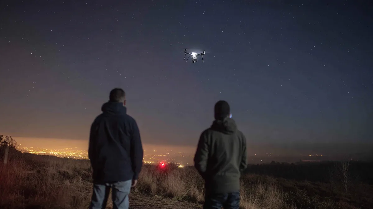 Remote pilot and visual observer seen from behind in a dark field at night watching the lit strobe of a DJI Matrice 350 RTK drone above distant city lights