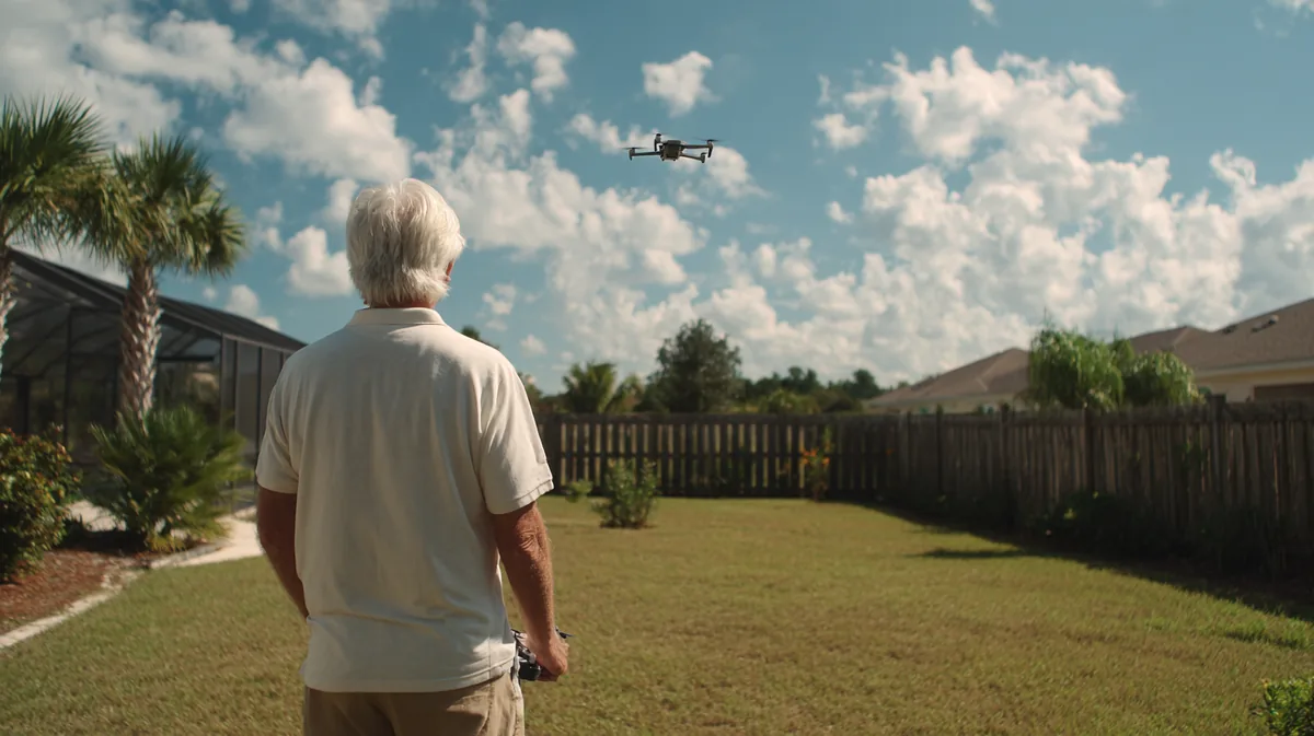 Retiree seen from behind flying a DJI Mini 4 Pro over the backyard of a Florida home with palms, a privacy fence and a screened lanai