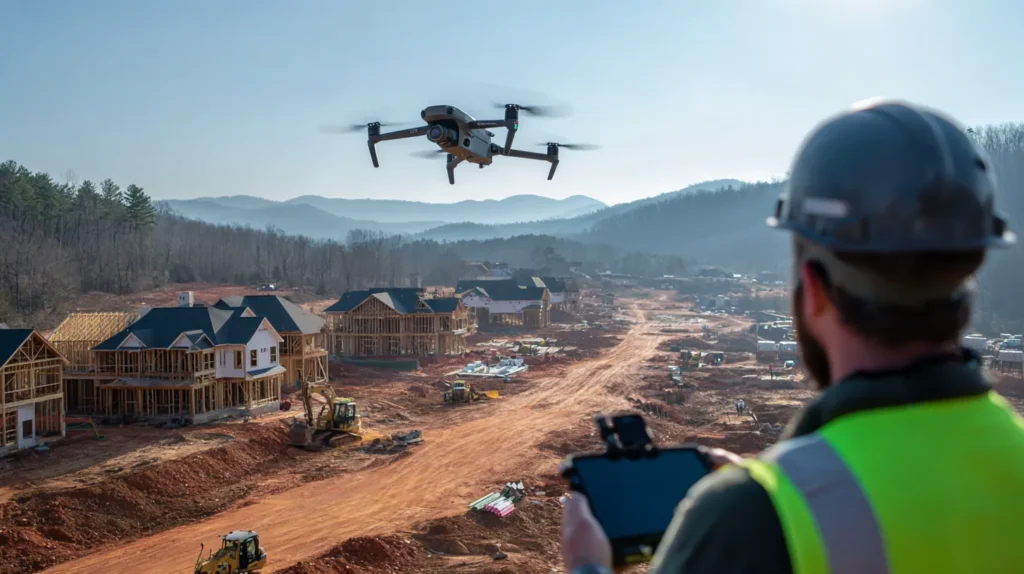 Mapping drone flying over a residential construction site in the Upstate near Greenville, South Carolina