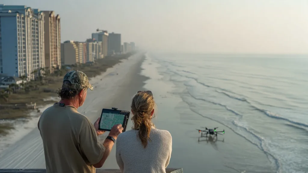 Drone pilot and visual observer seen from behind reviewing a flight map on a tablet as a drone hovers over the beach along the Grand Strand at Myrtle Beach, South Carolina