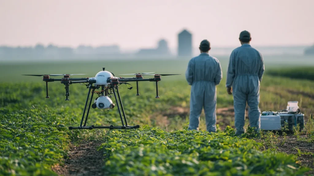 Two agricultural drone crew members in coveralls standing at the edge of a soybean field beside a DJI Agras spray drone and an equipment case before a job