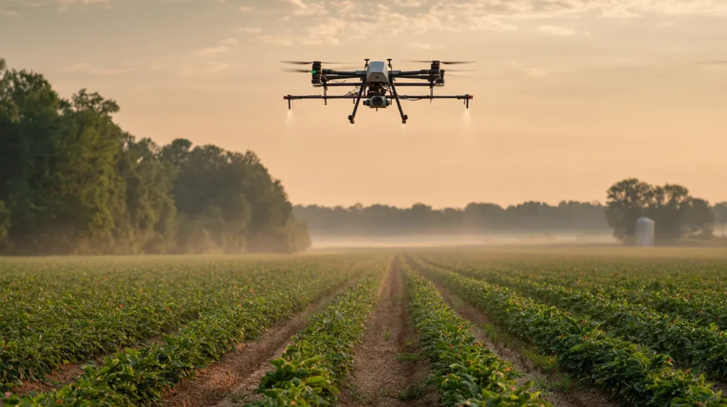 Agricultural spray drone flying over soybean rows on a row-crop farm in West Tennessee