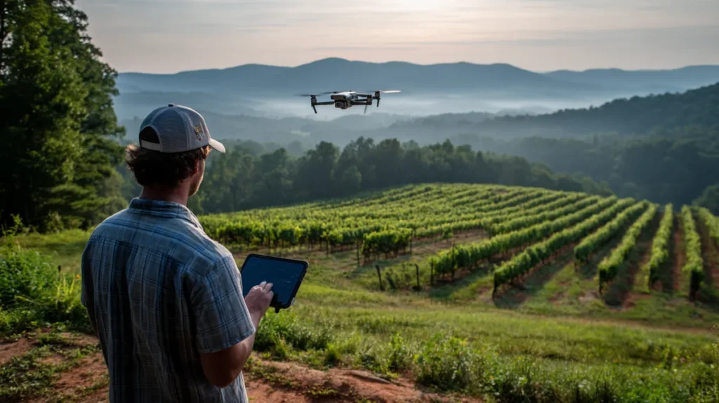 Drone pilot running a preflight check at a vineyard in the Blue Ridge foothills near Charlottesville, Virginia