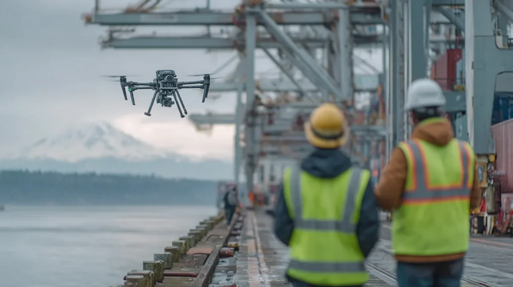 Inspection drone flying beside container cranes at a Port of Tacoma terminal in Washington with Mount Rainier beyond
