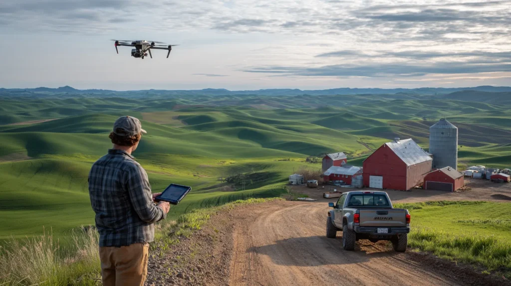 Drone pilot checking airspace on a tablet beside a farm road in the rolling wheat hills of the Palouse in eastern Washington