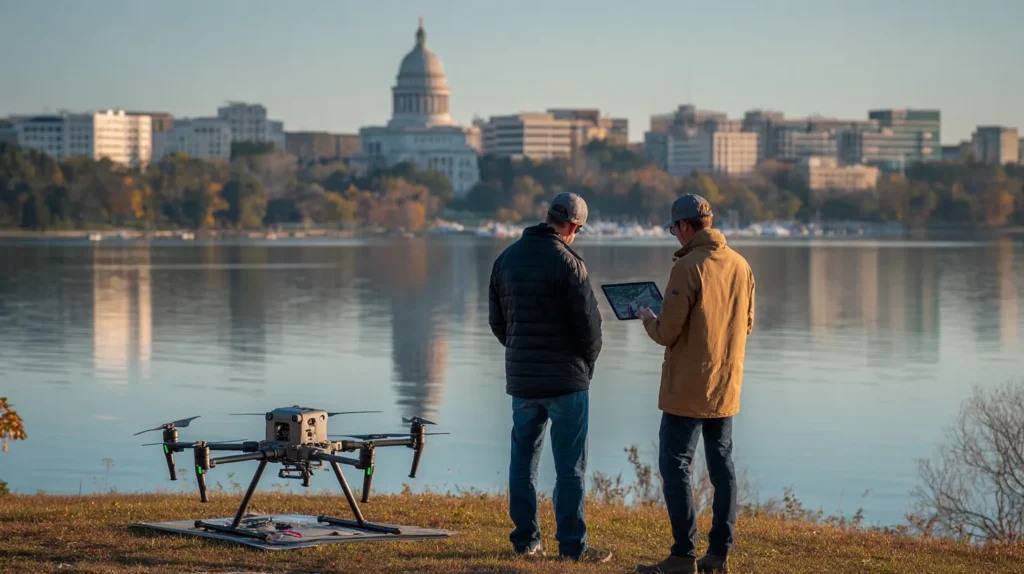 Drone pilot and visual observer running a preflight check on a private lakefront lawn on Lake Monona with the State Capitol dome in Madison, Wisconsin